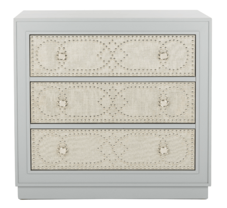 Recalled chest with light gray drawers and light gray linen finish (Model Number  CHS6410B)